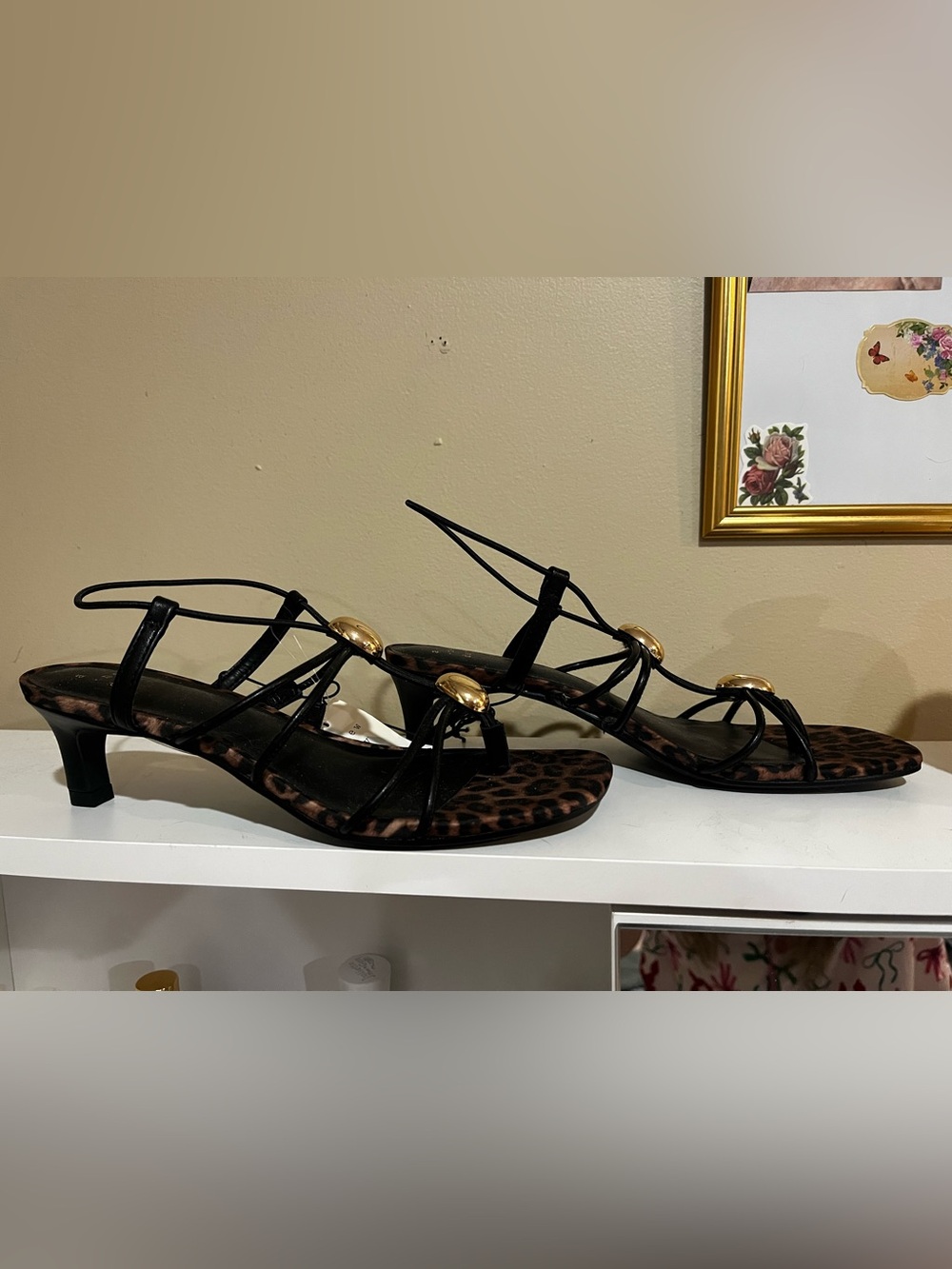 a new day Black Strappy Kitten Heels with Gold Accents